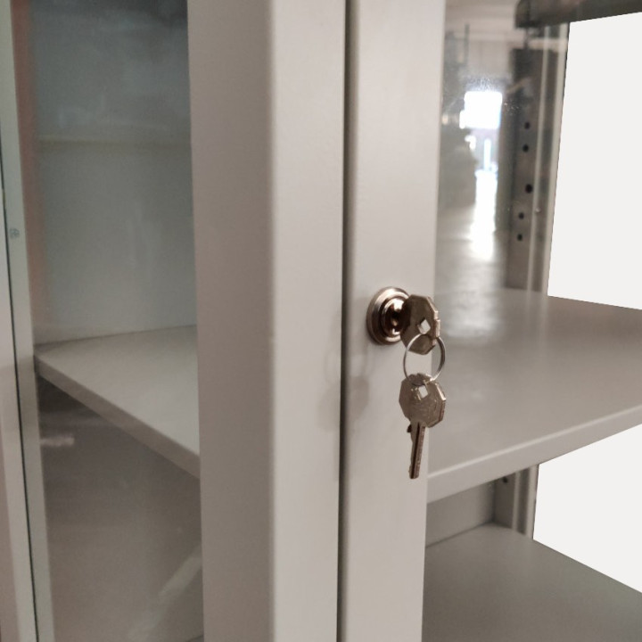 Sheet metal wardrobe with tempered glass door