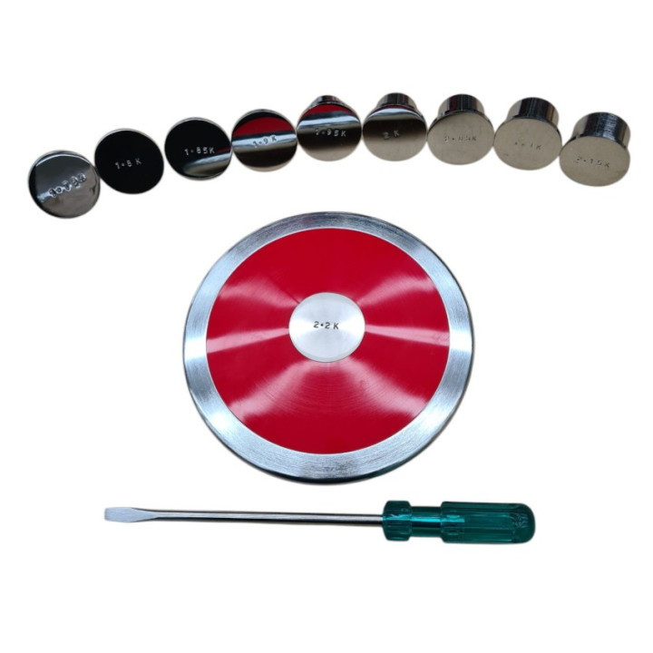 Throwing disc with adjustable weight from 1,750 kg to 2.20 kg