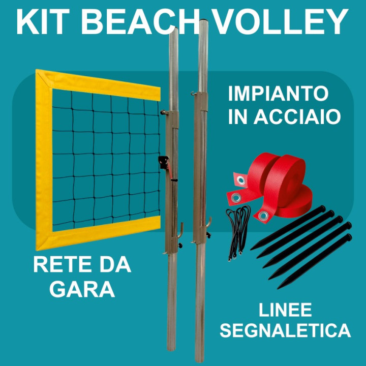 Kit beach volley completo di pali da 80 mm, rete da gara e linee segna-campo