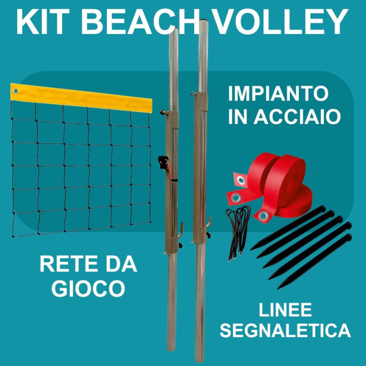Kit beach volley completo di pali da 80 mm, rete e linee segna-campo