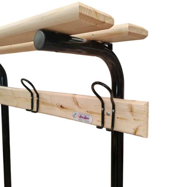 Bench for changing room with backrest, bag rest and shoe rack