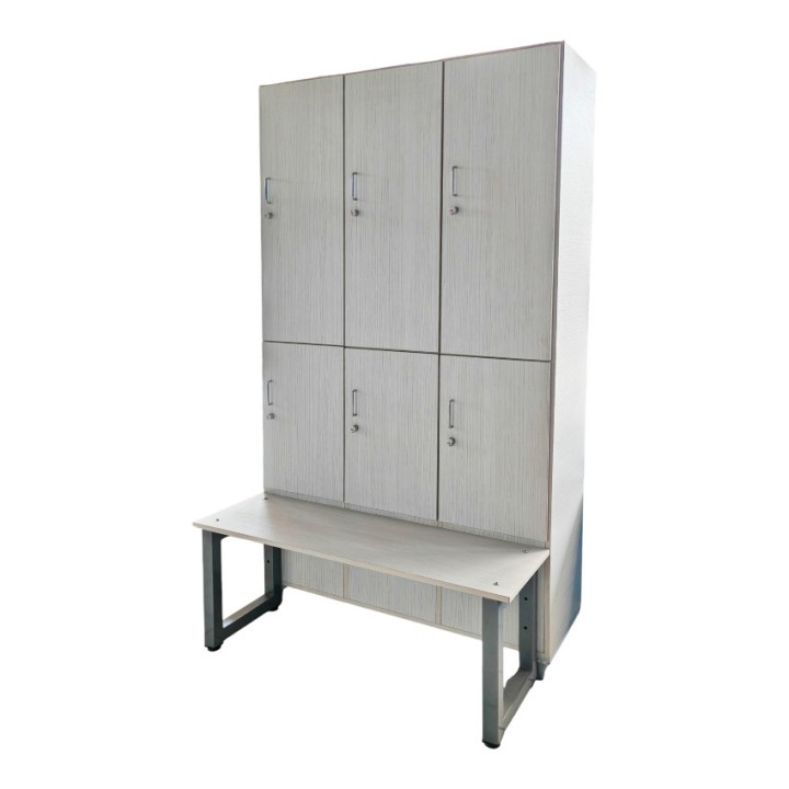 Gym locker with 6 overlapping doors and wooden bench