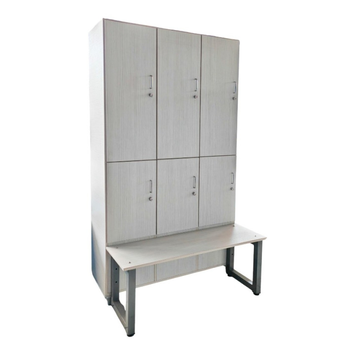 Gym locker with 6 overlapping doors and wooden bench