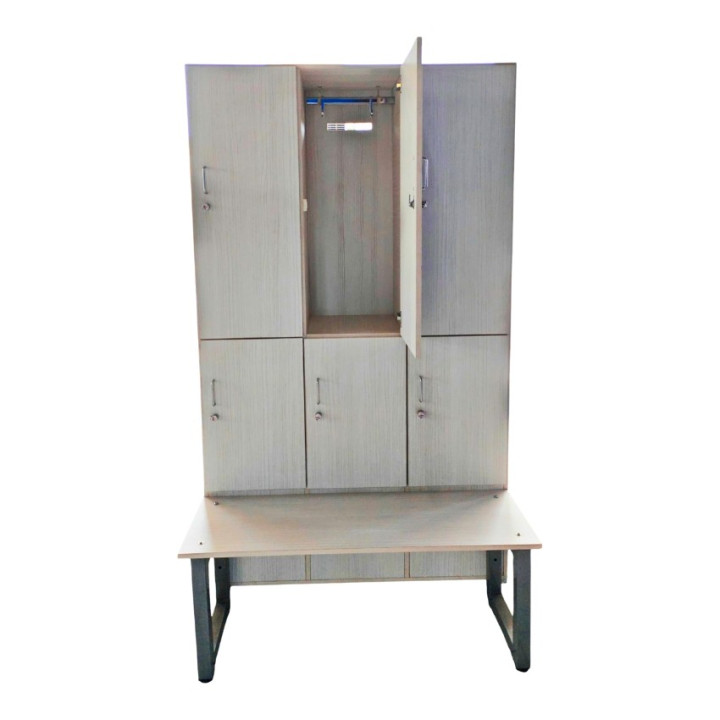 Gym locker with 6 overlapping doors and wooden bench