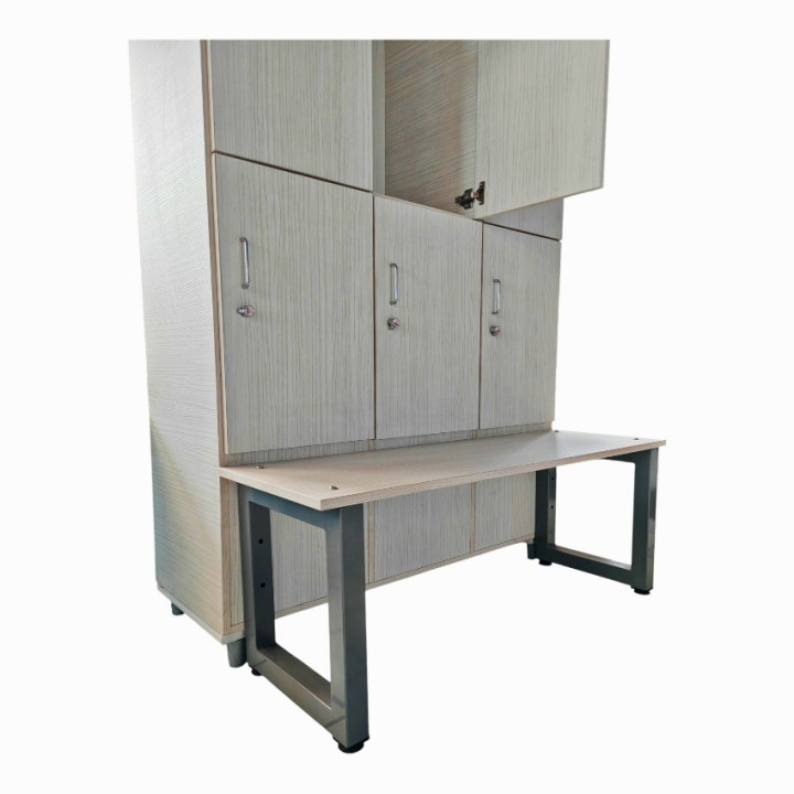 Gym locker with 6 overlapping doors and wooden bench
