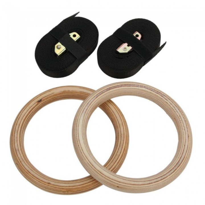 Pair of beech wood gymnastic rings with Toorx adjustable nylon straps
