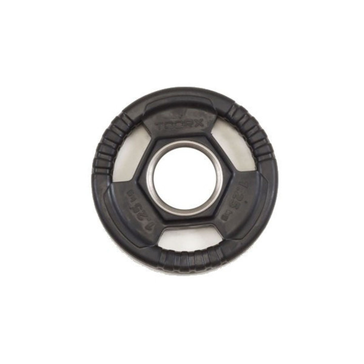 Tri Grip Olympic disc in Toorx rubberized cast iron with flared stainless steel bushing