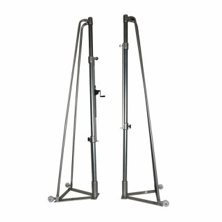 Trellis volleyball system with V-shaped base transportable with wheels