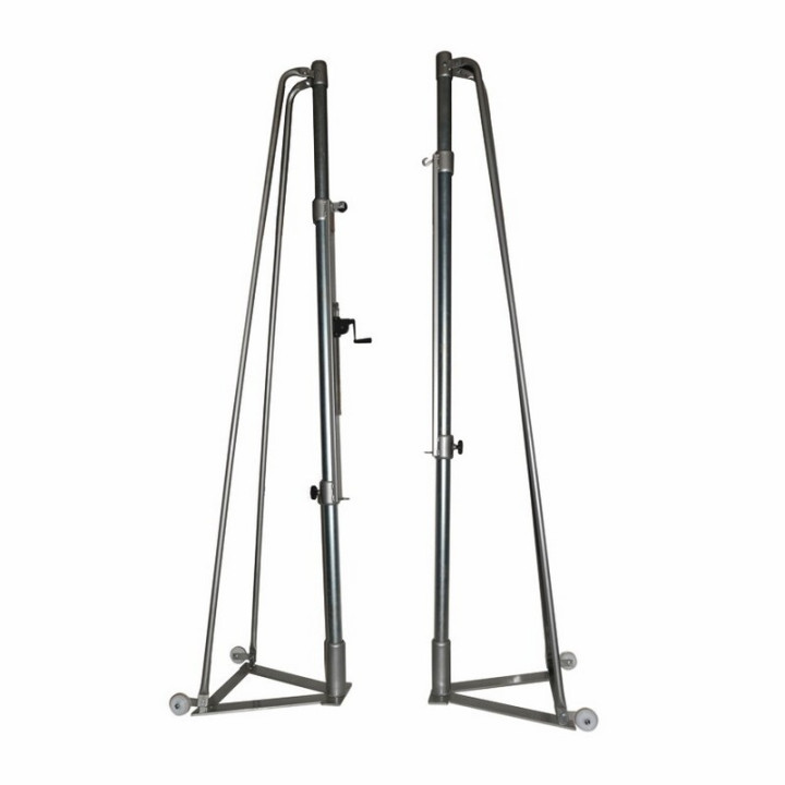 Trellis volleyball system with V-shaped base transportable with wheels
