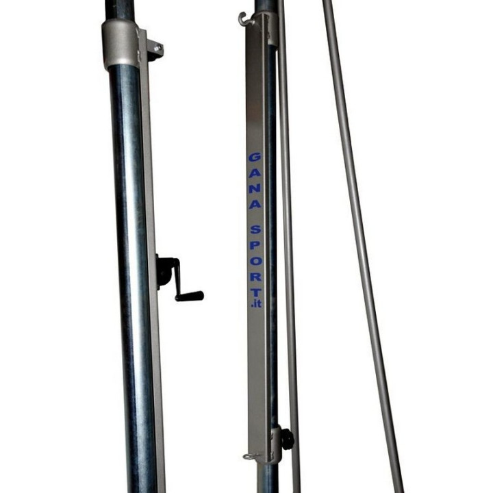 Trellis volleyball system with V-shaped base transportable with wheels