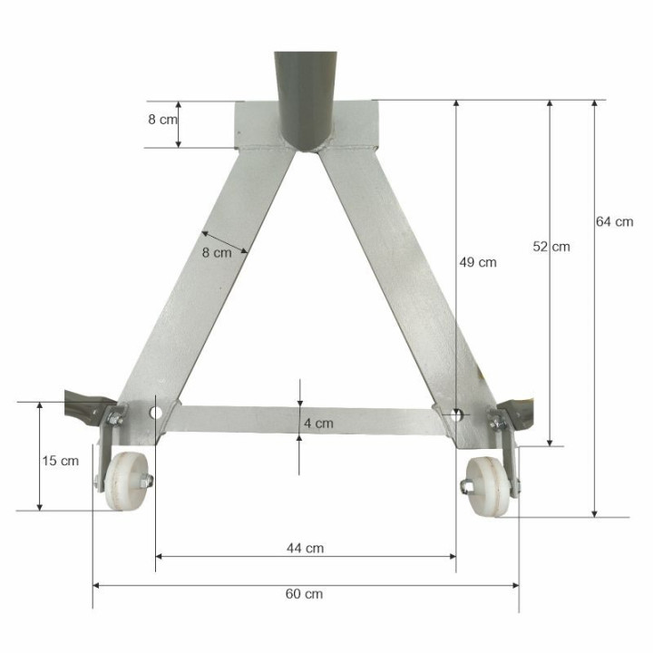 Trellis volleyball system with V-shaped base transportable with wheels