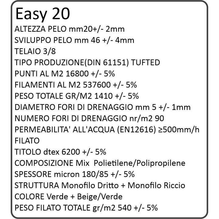 Manto D'Erba Sintetica Decorativa da 20mm di filato. Rotolo da 60 m²