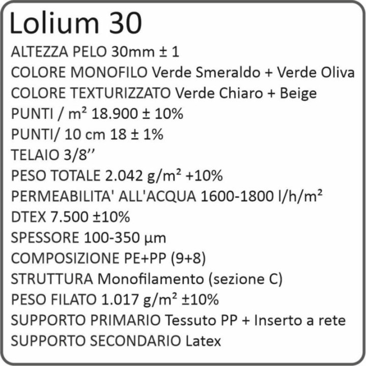 Erba Sintetica Decorativa Monofilo 30 mm | Prato Verde per Giardini e Terrazzi | scheda tecnica