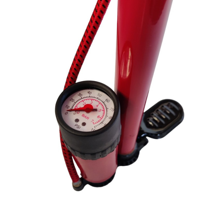 Ball inflation pump with accumulator and pressure gauge