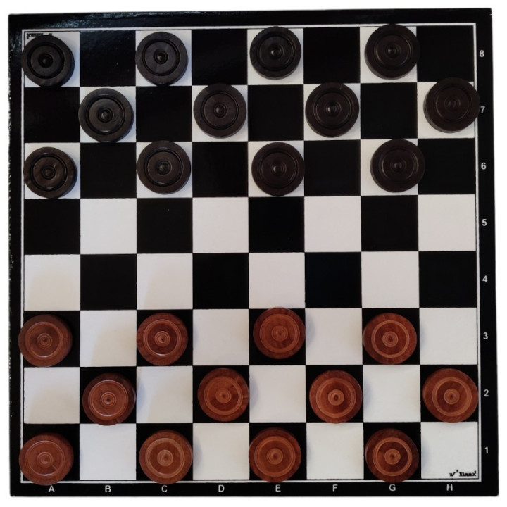 Wooden chessboard complete with checkers pieces