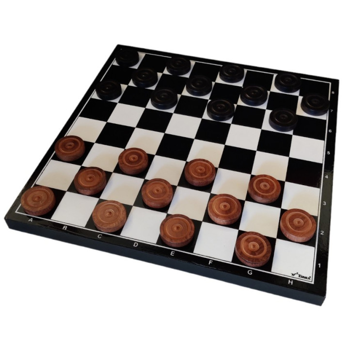 Wooden chessboard complete with checkers pieces