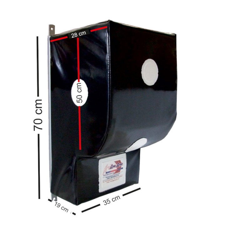 Wall-mounted punching bag shaped for hooks and uprights