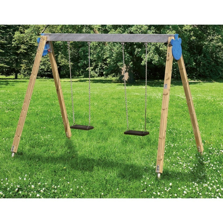Wooden swing with hot-dip galvanized metal beam and 2 rectangular seats