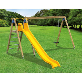 Wooden and metal swing with slide