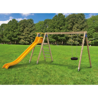 Wooden and metal swing with tire and slide