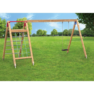 Wooden swing with ladder and net