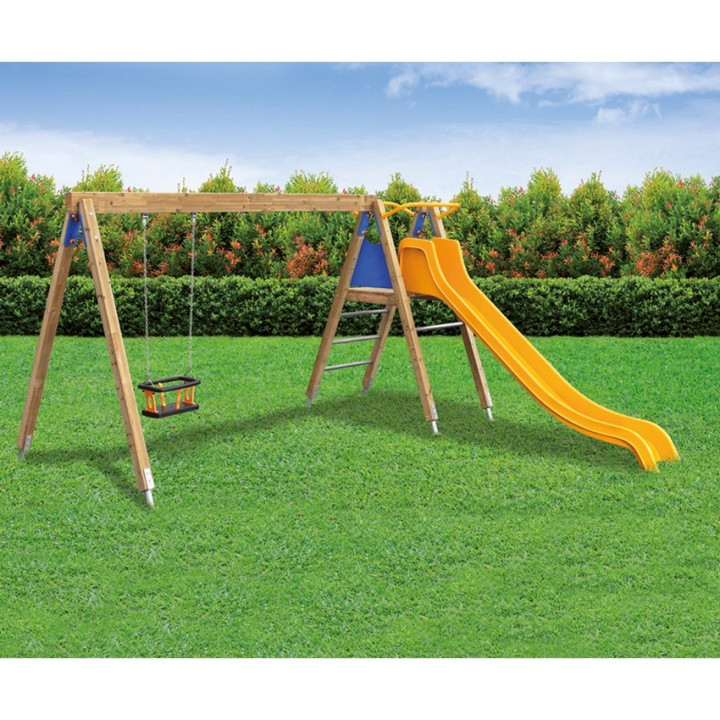 Mini wooden swing with cage seat and slide