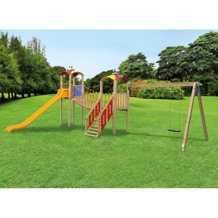 Rope bridge blockhouse with swing