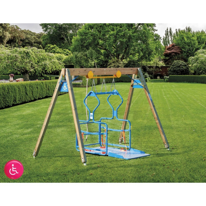 Impregnated laminated wood swing for children with disabilities in wheelchairs