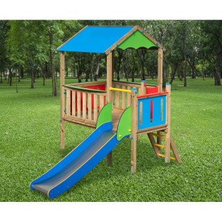 Stilt play house with slide including a table with benches