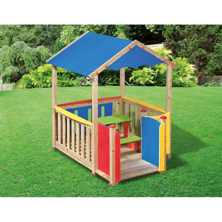 Playhouse with balcony including table and benches