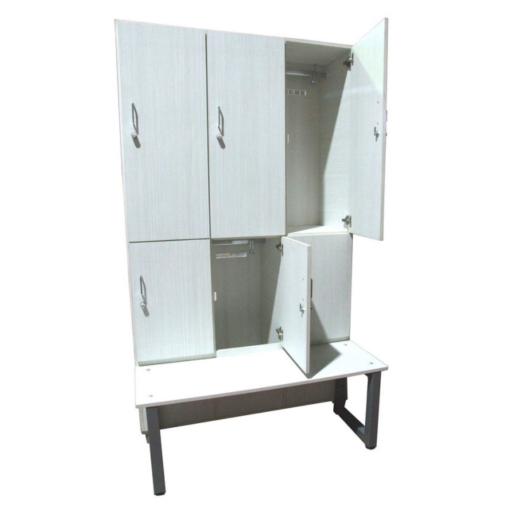 Gym locker with 6 overlapping doors and wooden bench