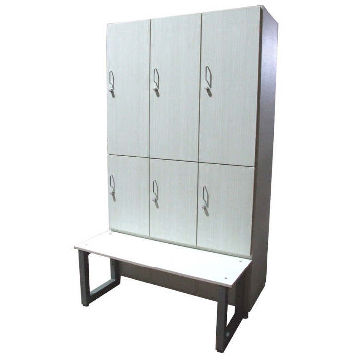 Gym locker with 6 overlapping doors and wooden bench