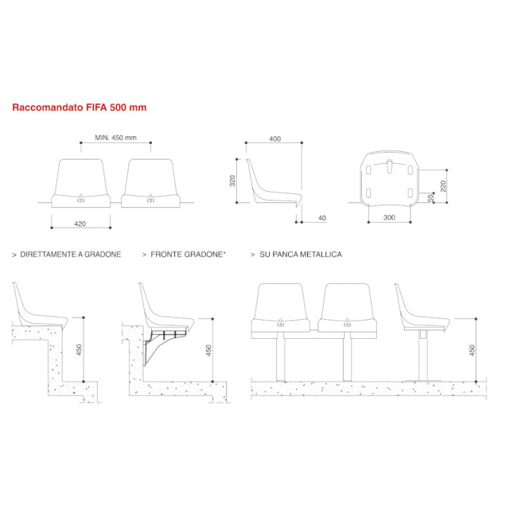 Monobloc seat with backrest for grandstands and sports facilities